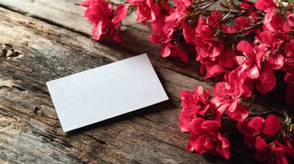 Blank textured white card with red flowers on rustic wooden background