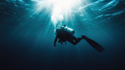A diver exploring the underwater world, surrounded by captivating light beams filtering through the ocean surface, representing adventure, curiosity, and the beauty of marine life.