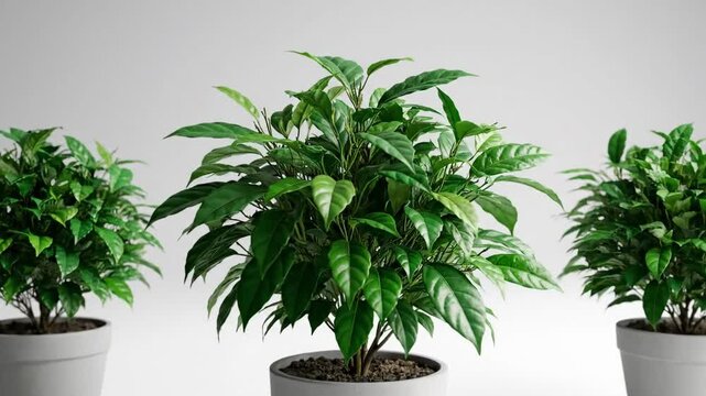 Three potted plants with lush green leaves arranged in a row on a white surface against a plain white background for a business mockup or display.