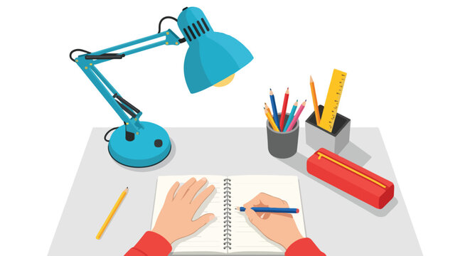 Hands writing in a notebook on a desk with a blue lamp. Tidy workspace for study, work, or creativity, featuring pencils, ruler, and a pencil case.