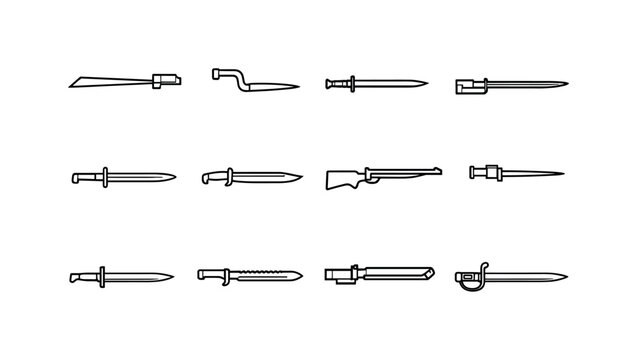Historical bayonet. Line icon set of Historical bayonet: triangular bayonet, socket bayonet, antique bayonet, musket bayonet, early military