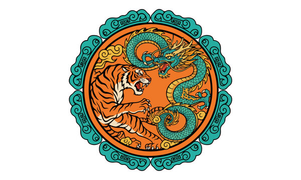 Chinese Dragon and Roaring Tiger Medallion Illustration Vector Art