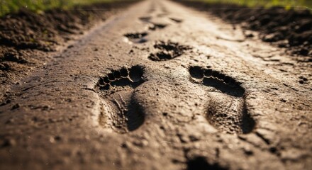 Close-up of footprints pressed into muddy ground, leading the viewer forward