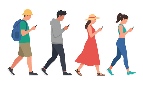 Walking People Using Smartphones, Digital Dependence Illustration