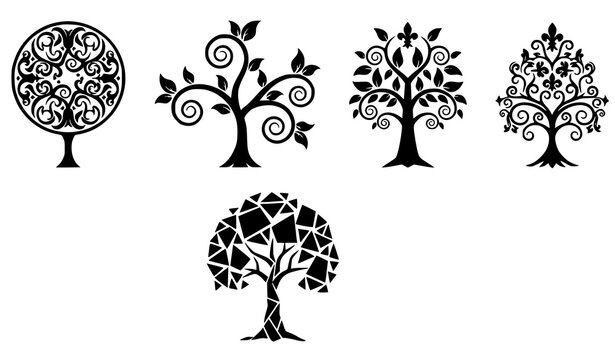 Deciduous Tree Silhouette Symbol Collection Isolated on White Background Vector Set
