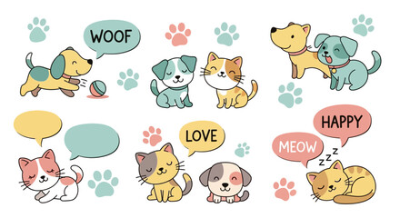 Naklejka premium Cute cartoon cats and dogs playing together happily illustrated