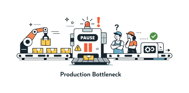Production bottleneck analysis. An editorial-style composition of machines and conveyor steps where one section is paused while others wait.