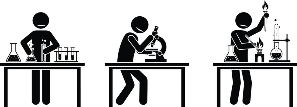 Black silhouette stick figure scientists performing experiments with microscope and test tubes on laboratory tables isolated on white background background
