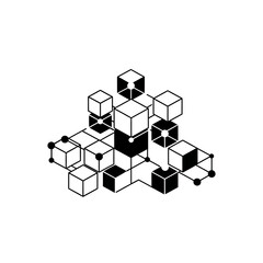 Obraz premium Abstract geometric network of cubes, connected nodes, digital data flow, technology concept