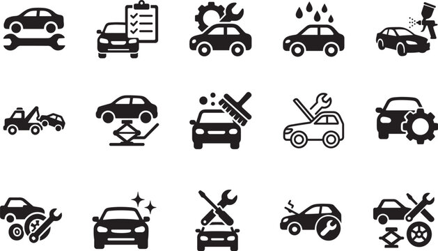 Car service icon set including inspection, repair, towing, washing, painting, jack, cleaning.