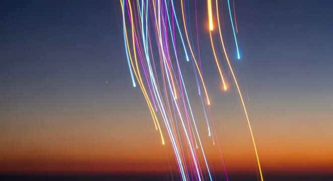 Colorful streaks of light cascade against a gradient sky, transitioning from sunset hues