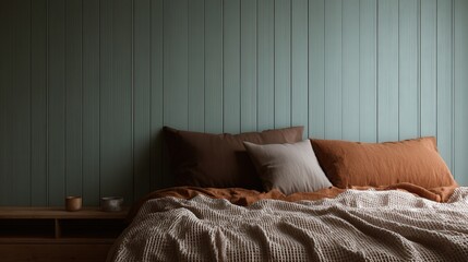 Inviting bedroom setting features soft bedding against a paneled wall painted in a muted green shade