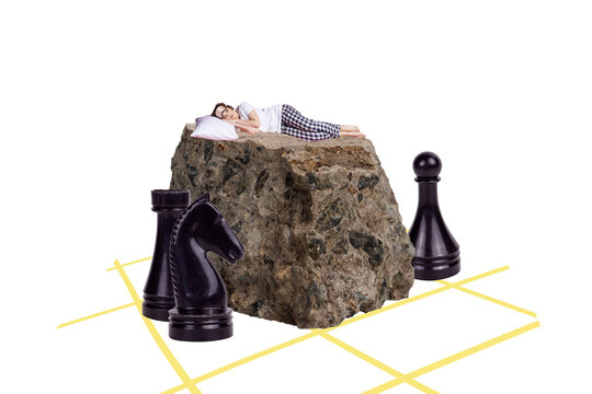 Creative image collage rock stone fragment young girl daydream sleep take nep chess figures knight boardgame checkered background