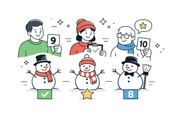 Naklejka premium Judging the best snowman. Friendly judges comparing snowmen designs, light competition and smiles. Checkmarks, stars, and simple score cards