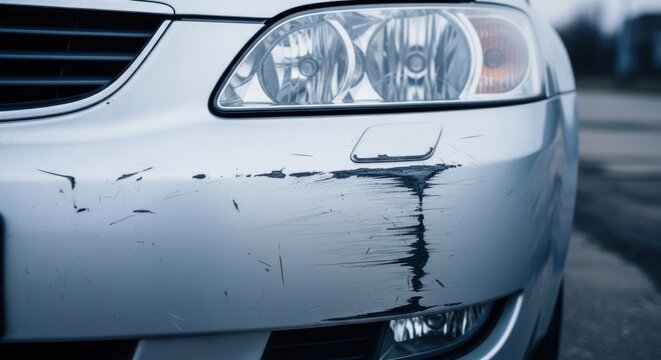 Damaged silver car bumper with scratches, close-up, outdoors