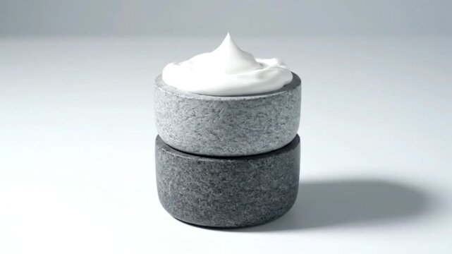 A mockup of a gray stone jar with a dollop of white cream on top, against a clean white background with subtle shadow, conveying a minimalist business product display.
