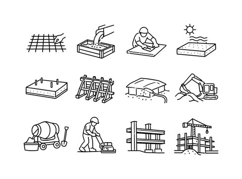 Concrete Construction Process. Line icon set of Concrete Construction Process: laying rebar grid, pouring into form, concrete smoothing,
