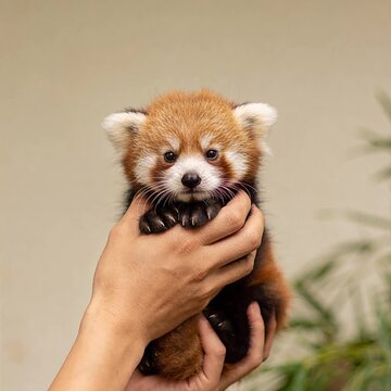 Adorable baby red panda being gently held in human hands, its soft fur and expressive eyes rendered in ultra-sharp 16K detail against a clean, minimalist background
