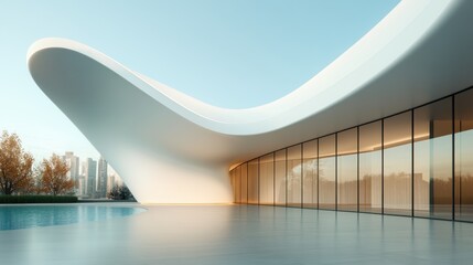 Obraz premium A stunning example of contemporary architecture showcasing a fluid design with smooth curves, large glass windows, and elegant lines against a clear sky.