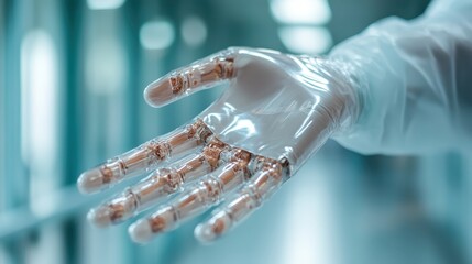 A sleek robotic hand featuring a shiny exterior and advanced mechanics, symbolizing the advance of technology in medical fields and surgical precision.