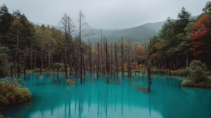 Vivid turquoise water surrounds numerous dead tree trunks in a dense forest setting under an overcast sky.