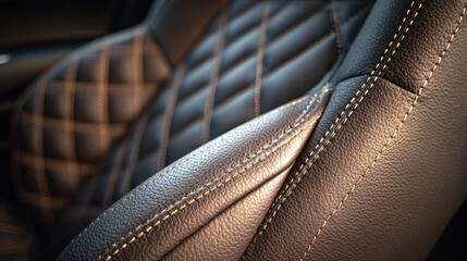 Fototapeta premium Luxury black leather car seat with diamond quilted pattern and orange contrast stitching