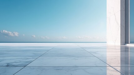 Obraz premium A sleek, modern floor blends seamlessly with the wide-open ocean view, showcasing the beauty of minimalistic design in a tranquil and refreshing setting.