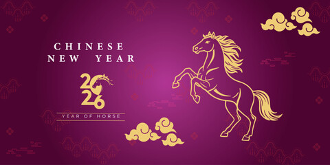 Chinese New Year 2026 Year of the Horse Greeting Banner with Golden Horse and Clouds © Suvankor