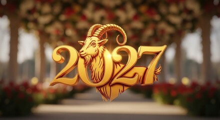 Golden goat zodiac symbol with 2027 overlay, against blurred floral arch