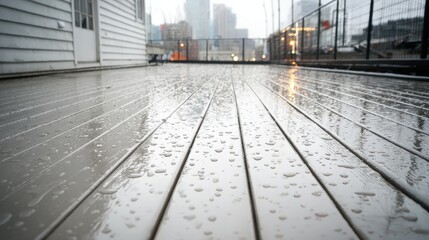 Raindrops bead upon a gray wooden outdoor platform overlooking a city scene