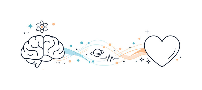 Connections_ Mind, Heart, Energy. Spirituality and quantum physics. Abstract brain and heart connected by flowing particles and lines, representing