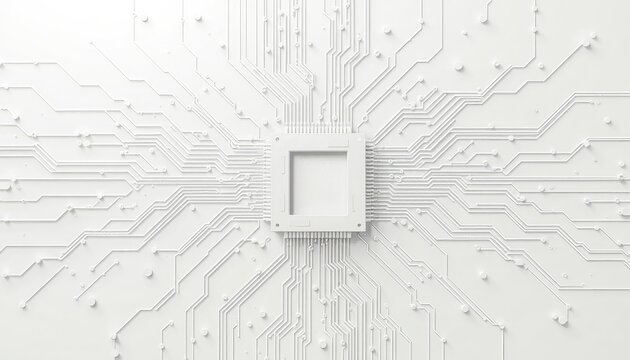 Abstract schematic of a central processing unit and intricate circuits, perfect for tech presentations, data analysis, or innovation concepts