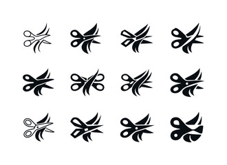 Fototapeta premium Hair trimming process. Icon set. Set Logo of hair trimming process: scissors cutting hair strand. harmonious logo variations of the same