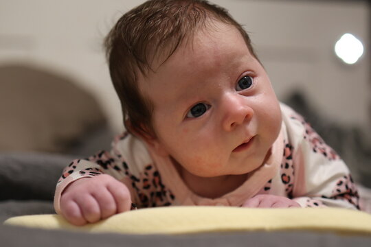 Newborn baby learning to hold his head up