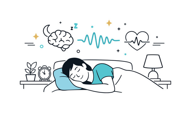 The science of sleep and its impact on health. A calm bedroom scene with a person sleeping peacefully while abstract icons of brain waves and