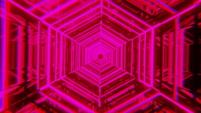 Vibrant abstract digital motion graphic featuring a glowing hexagonal neon grid tunnel with dynamic light effects and futuristic depth