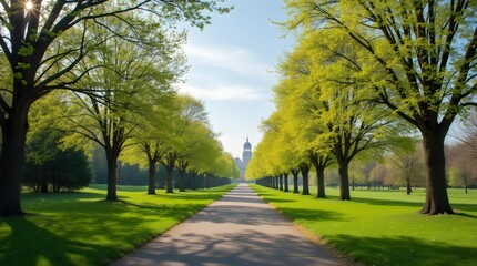 Fototapeta premium Tree Lined Pathway in Lush Green Park with Sunlight