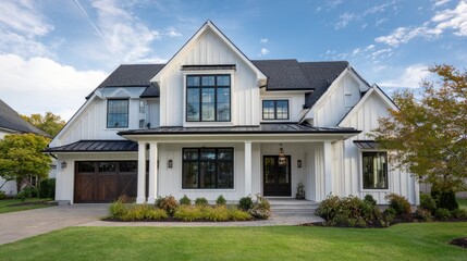 Modern luxury farmhouse with white board and batten siding, black windows, and a landscaped front yard on a sunny day.