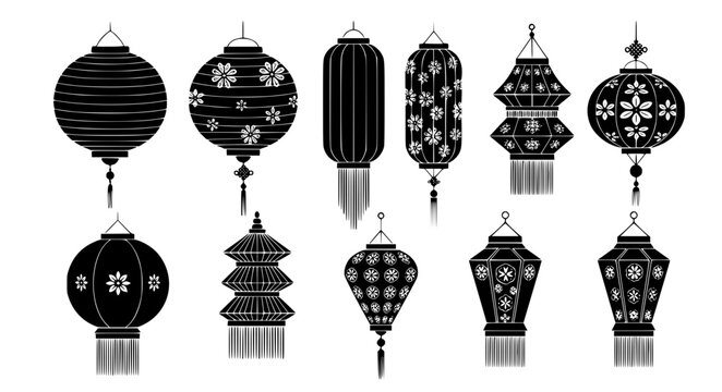 Hanging paper lantern black silhouette decorative vector collection