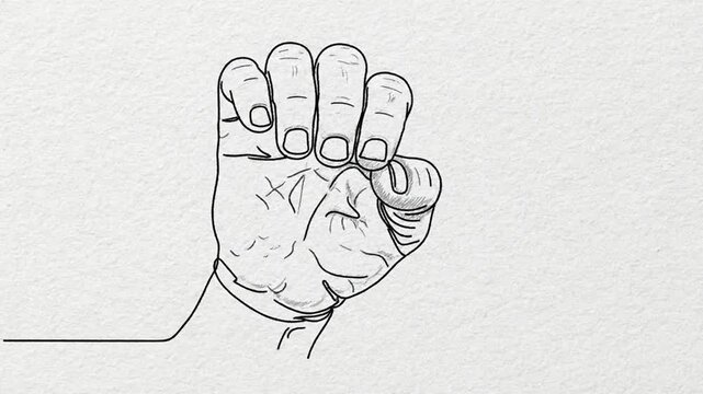 Continuous line drawing of human hand on textured paper