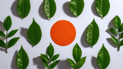 Arrangement of vibrant green foliage surrounds a centralized orange circular shape on a light surface