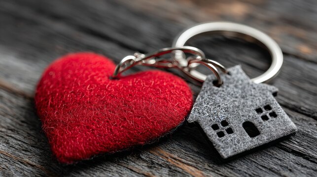 red heart-shaped keychain with a house model, real estate background