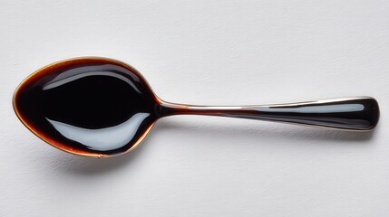 Dark viscous sweetener fills the bowl of a polished metallic utensil positioned horizontally.