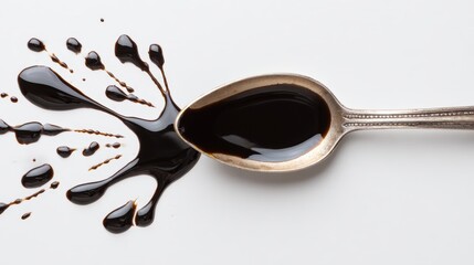 Dark viscous liquid spills dynamically from a silver spoon onto a bright surface.
