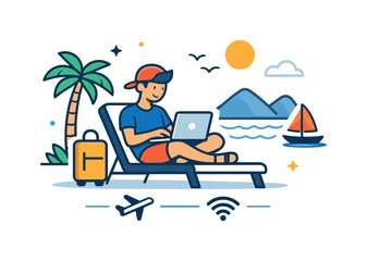 Obraz premium Nomadic Work Freedom. Digital nomad lifestyle a professional working on a laptop in a relaxed travel setting, expressing freedom, flexibility, and modern