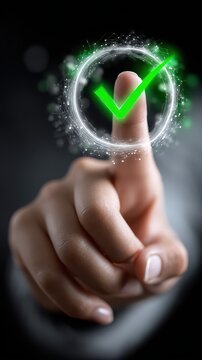 Success Approval: A hand touches a digital checkmark, representing confirmation, approval, or completion, set against a dark, tech-inspired backdrop.