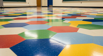 Colorful Hexagonal Pattern on a Shiny Gym Floor colorful tiles blue