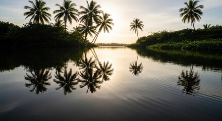 Obraz premium Peaceful dawn scene. Palm trees frame a calm river reflecting the sky and their silhouettes