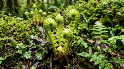 Newly Unfurled Fern Fronds in Lush Forest Growth