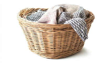 A laundry basket with clothes in isolated on white background.